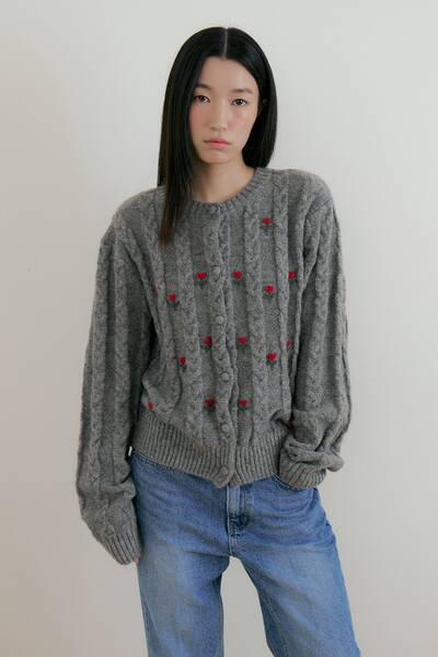 Flower Wool Knit Cadigan (charcoal)