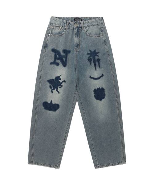 BIG WIDE WASHED EMBLEM JEANS[BLUE]